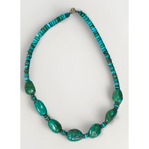 VTG Southwest Carved Heishi Turquoise Bead Necklace Sterling 925 Spacers 80.8g - Picture 4 of 16